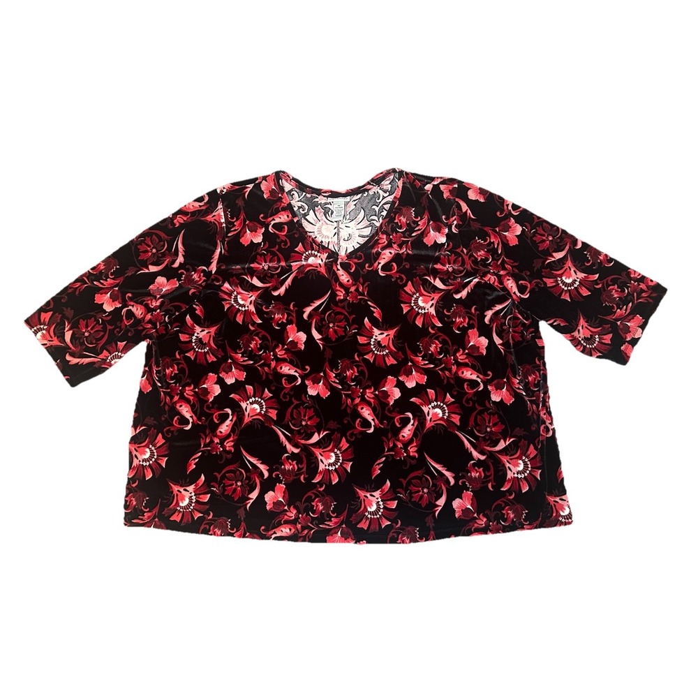 Catherine's Plus Red Black Velvet Floral V-Neck Top Blouse Whimsigoth Women's 5X